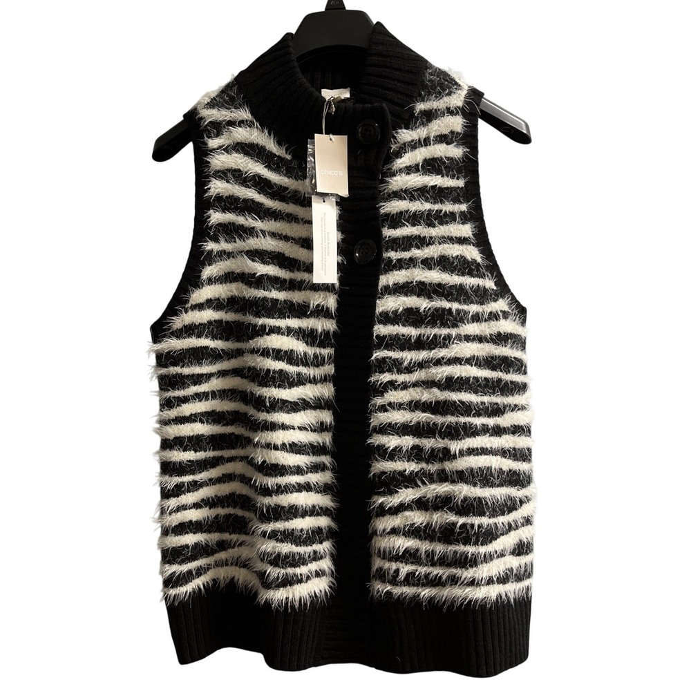Chicos Sweater Vest Wool Mohair Blend Fuzzy Knit One Button Size 1 M 8 Artsy